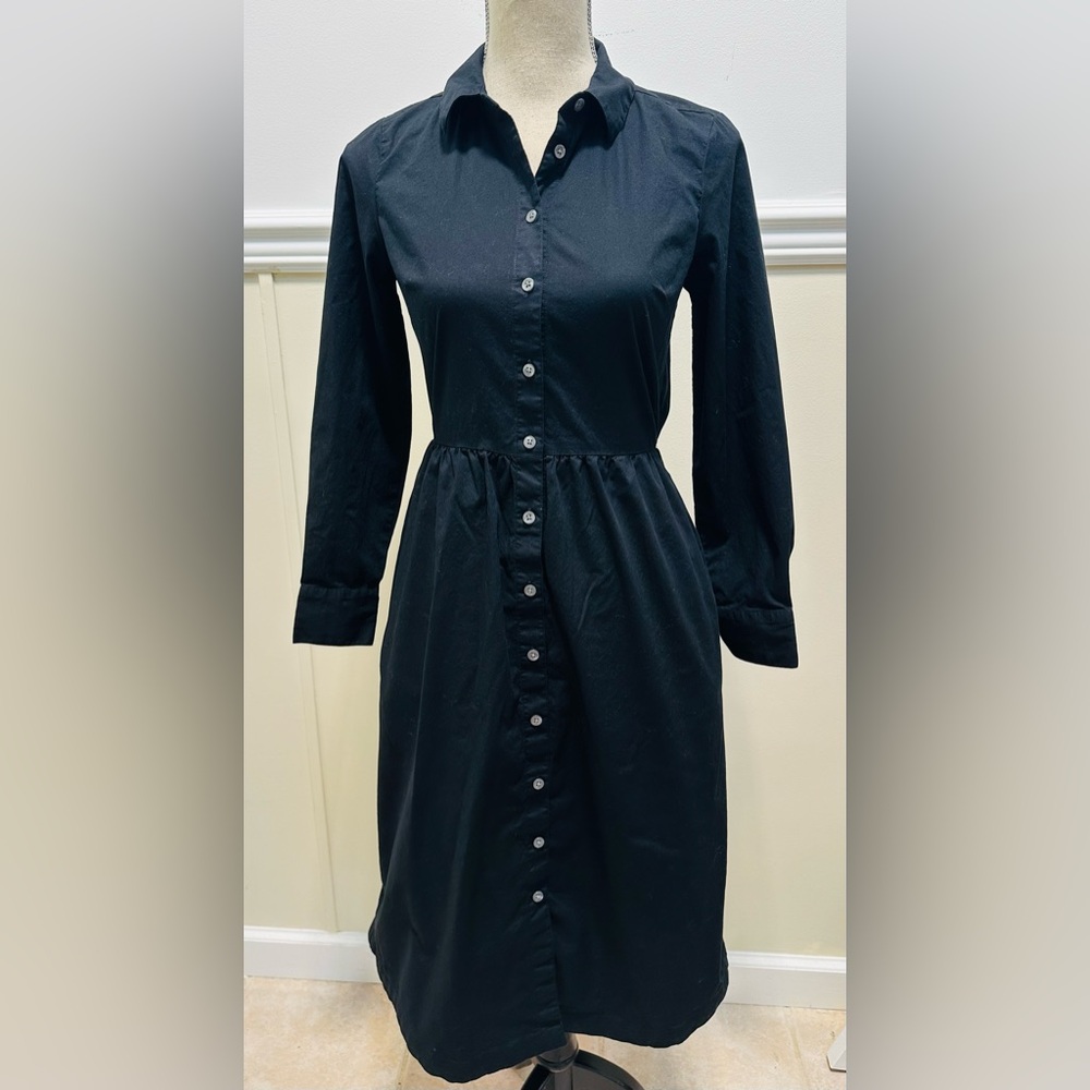 JCrewF Poplin Shirt Dress 00 Button Front Black Long Sleeves Missing Sash Modest